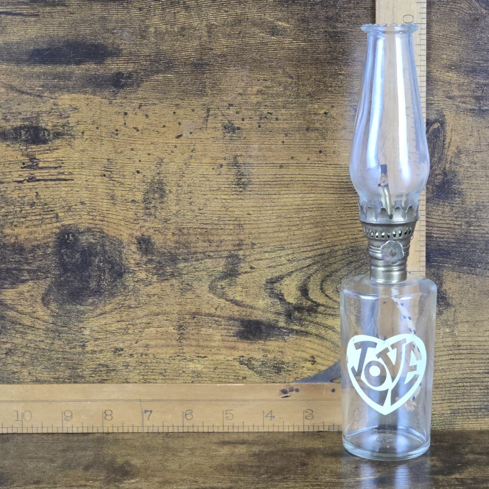 Vintage Foster Forbes Glass Co. Bottle Oil Lamp‎ LOVE Graphic Mini Kerosene 10" - Picture 5 of 5
